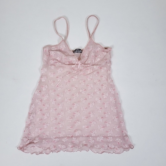 Y2K Lace Camisole Pastel Pink Sheer Mesh Slip Nightgown Tank Top - Picture 3 of 12